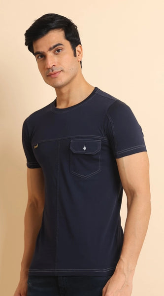 Mayawye Men's Casual Cotton Solid Round Neck Half Sleeve T-Shirt (Navy)