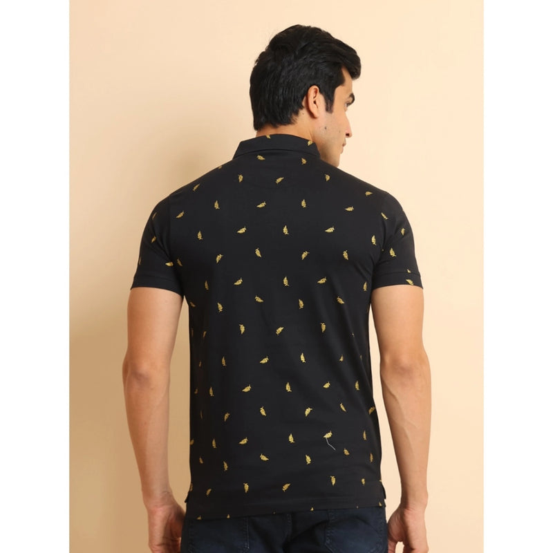 Mayawye Men's Casual Cotton Printed Polo Neck Half Sleeve T-Shirt (Black)