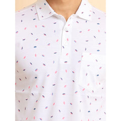 Mayawye Men's Casual Cotton Printed Polo Neck Half Sleeve T-Shirt (White)