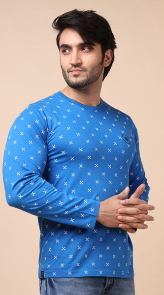 Mayawye Men's Casual Cotton Printed Round Neck Full Sleeve T-Shirt (Blue)