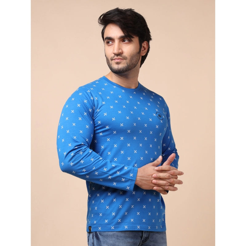 Mayawye Men's Casual Cotton Printed Round Neck Full Sleeve T-Shirt (Blue)
