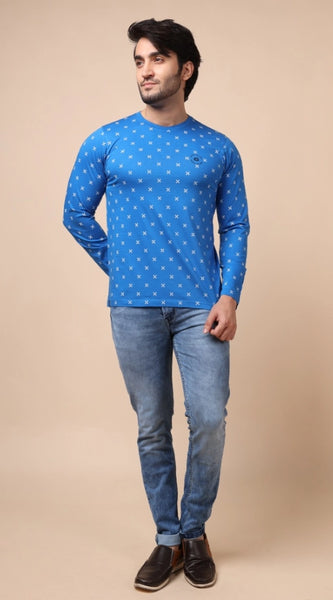 Mayawye Men's Casual Cotton Printed Round Neck Full Sleeve T-Shirt (Blue)