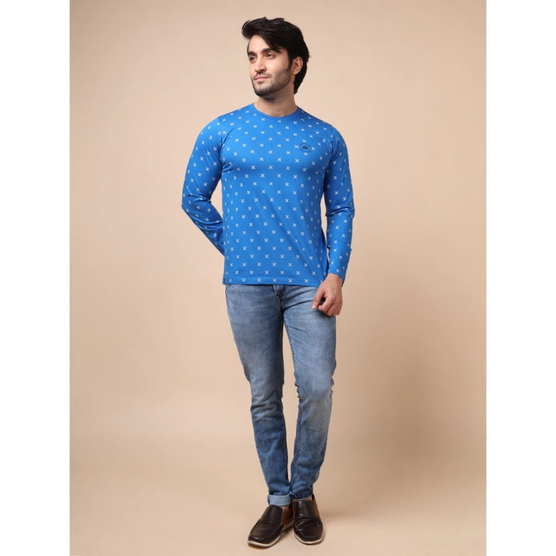 Mayawye Men's Casual Cotton Printed Round Neck Full Sleeve T-Shirt (Blue)