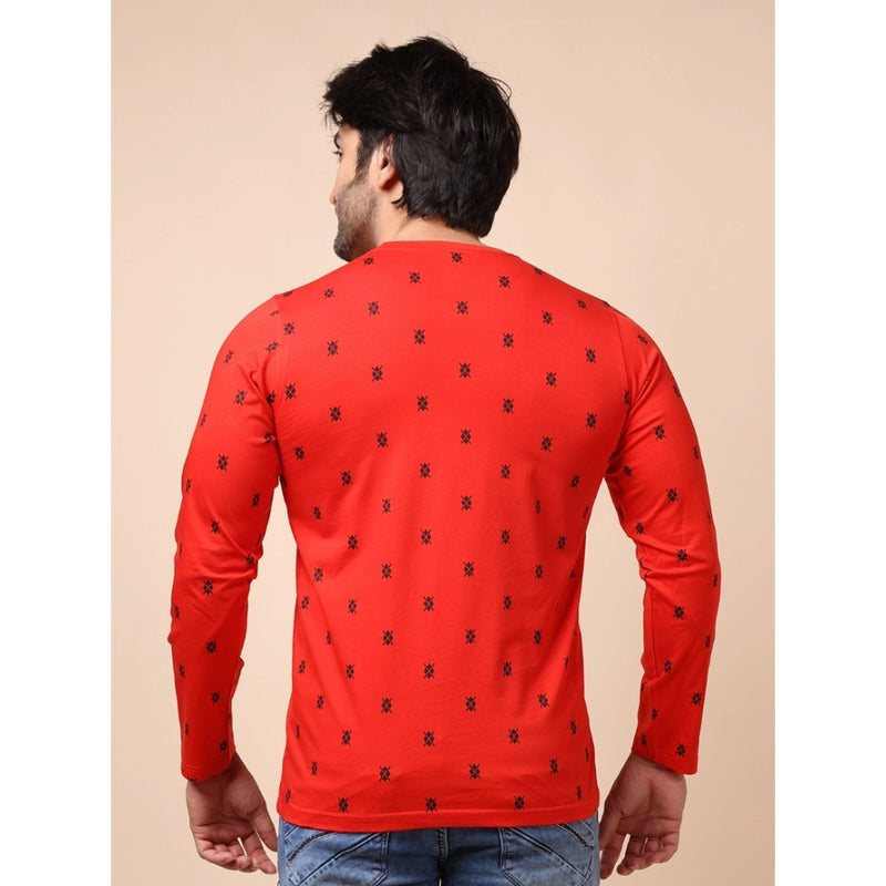 Mayawye Men's Casual Cotton Printed Round Neck Full Sleeve T-Shirt (Red)