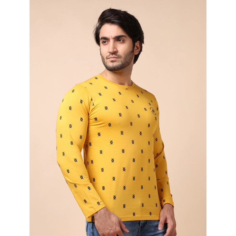Mayawye Men's Casual Cotton Printed Round Neck Full Sleeve T-Shirt (Mustard)