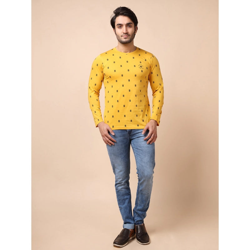 Mayawye Men's Casual Cotton Printed Round Neck Full Sleeve T-Shirt (Mustard)