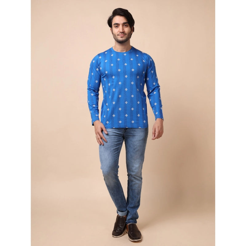 Mayawye Men's Casual Cotton Printed Round Neck Full Sleeve T-Shirt (Blue)