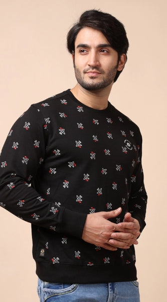 Mayawye Men's Casual Cotton Printed Round Neck Full Sleeve Sweat T-Shirt (Black)