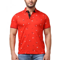 Mayawye Men's Casual Cotton Printed Polo Neck Half Sleeve T-Shirt (Red)