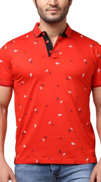 Mayawye Men's Casual Cotton Printed Polo Neck Half Sleeve T-Shirt (Red)