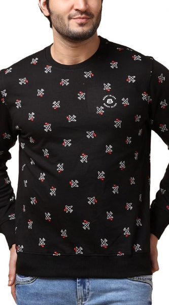 Mayawye Men's Casual Cotton Printed Round Neck Full Sleeve Sweat T-Shirt (Black)