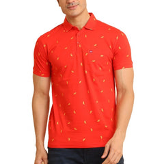 Mayawye Men's Casual Cotton Printed Polo Neck Half Sleeve T-Shirt (Red)