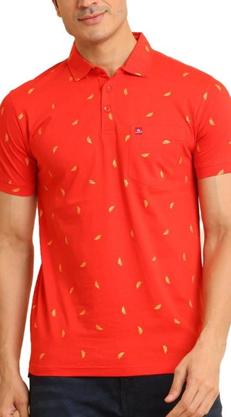 Mayawye Men's Casual Cotton Printed Polo Neck Half Sleeve T-Shirt (Red)
