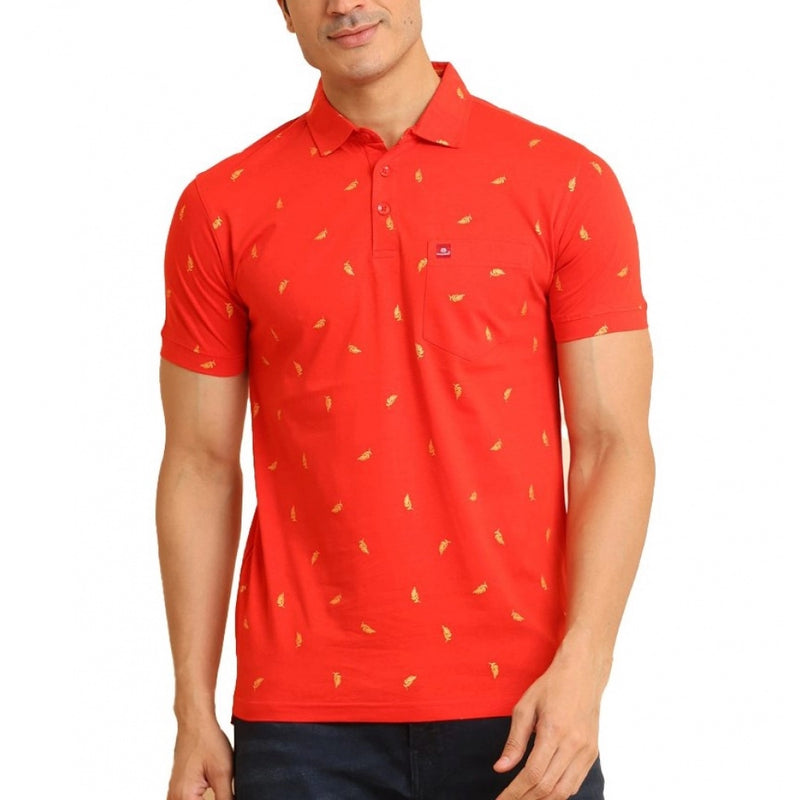 Mayawye Men's Casual Cotton Printed Polo Neck Half Sleeve T-Shirt (Red)