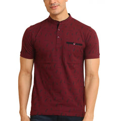 Mayawye Men's Casual Cotton Printed Mandarin Collar Half Sleeve T-Shirt (Plum)
