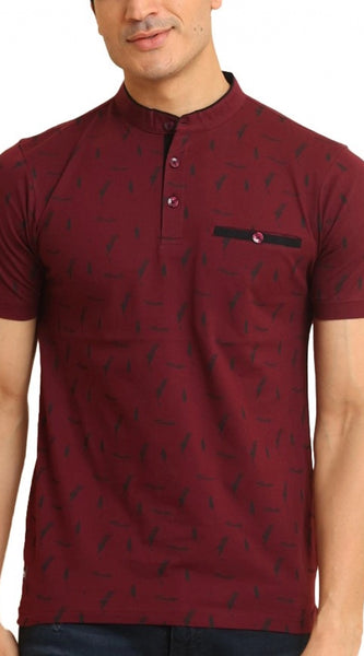 Mayawye Men's Casual Cotton Printed Mandarin Collar Half Sleeve T-Shirt (Plum)