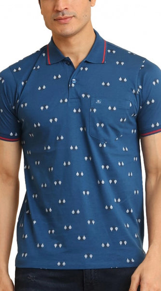 Mayawye Men's Casual Cotton Printed Polo Neck Half Sleeve T-Shirt (Blue)