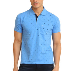 Mayawye Men's Casual Cotton Printed Polo Neck Half Sleeve T-Shirt (Blue)