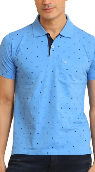 Mayawye Men's Casual Cotton Printed Polo Neck Half Sleeve T-Shirt (Blue)