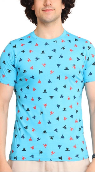 Mayawye Men's Casual Cotton Printed Round Neck Half Sleeve T-Shirt (Skyblue)