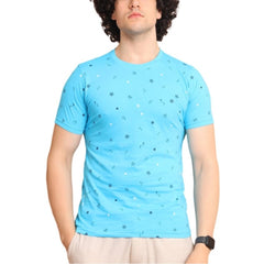 Mayawye Men's Casual Cotton Printed Round Neck Half Sleeve T-Shirt (Skyblue)