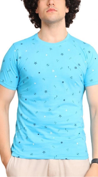 Mayawye Men's Casual Cotton Printed Round Neck Half Sleeve T-Shirt (Skyblue)