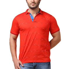 Mayawye Men's Casual Cotton Printed Polo Neck Half Sleeve T-Shirt (Red)