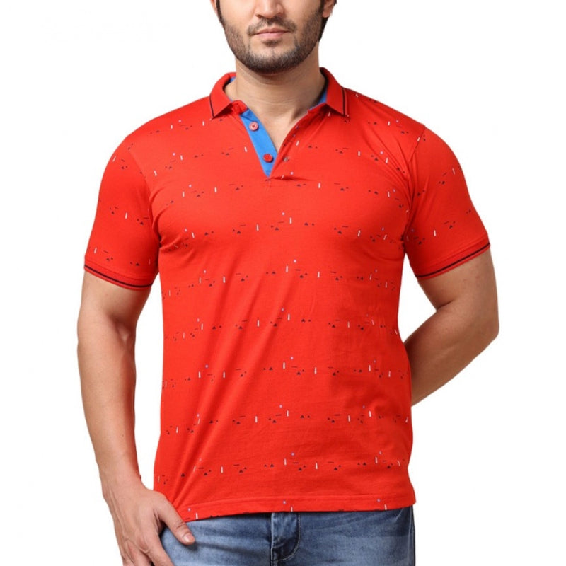 Mayawye Men's Casual Cotton Printed Polo Neck Half Sleeve T-Shirt (Red)
