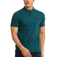 Mayawye Men's Casual Cotton Printed Mandarin Collar Half Sleeve T-Shirt (Green)