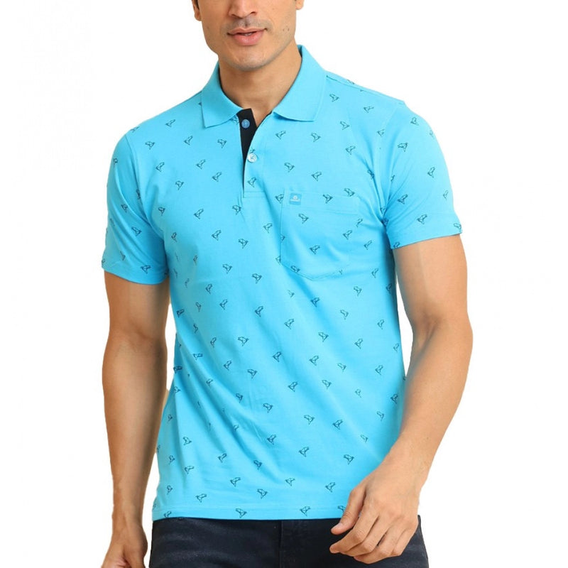Mayawye Men's Casual Cotton Printed Polo Neck Half Sleeve T-Shirt (Skyblue)