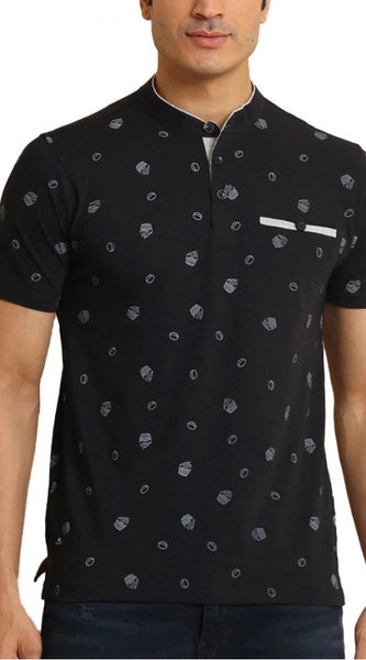 Mayawye Men's Casual Cotton Printed Mandarin Collar Half Sleeve T-Shirt (Black)