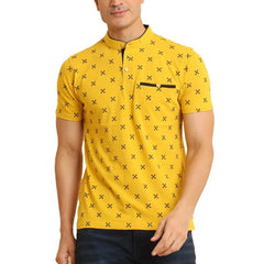 Mayawye Men's Casual Cotton Printed Mandarin Collar Half Sleeve T-Shirt (Mustard)