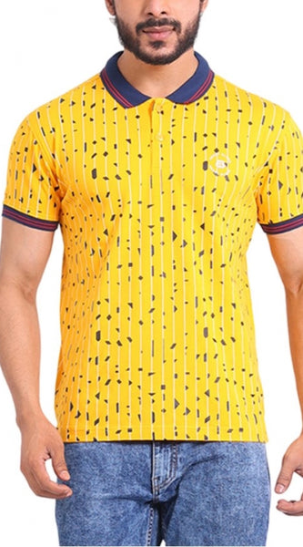 Mayawye Men's Casual Cotton Printed Polo Neck Half Sleeve T-Shirt (Turmeric)