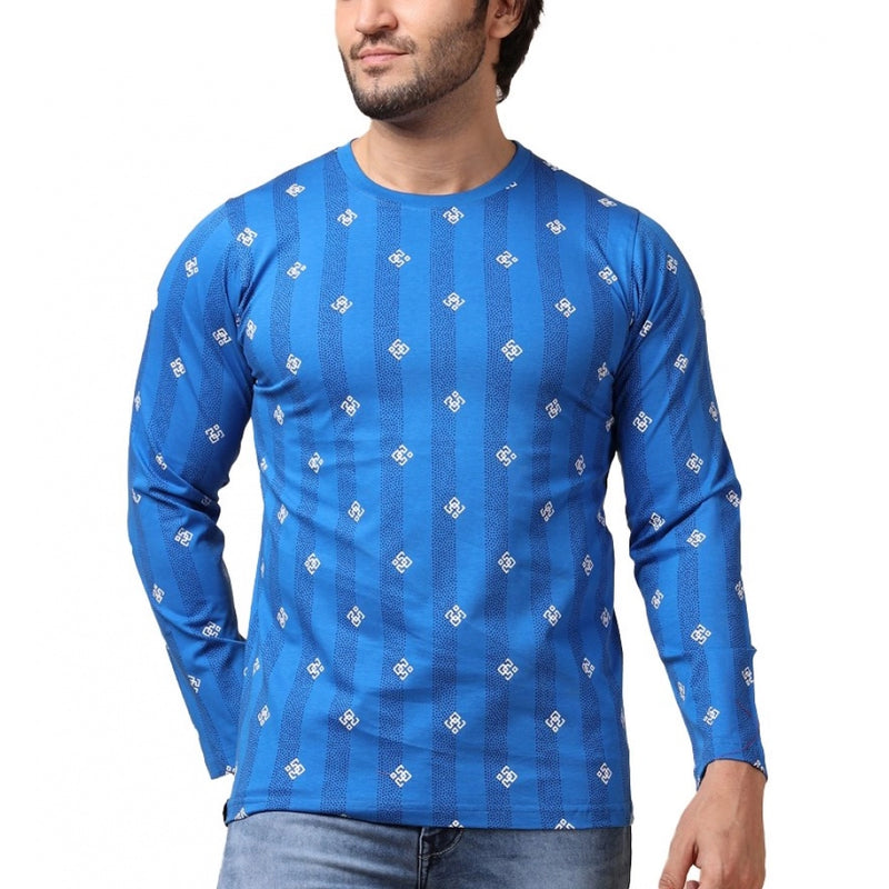 Mayawye Men's Casual Cotton Printed Round Neck Full Sleeve T-Shirt (Blue)