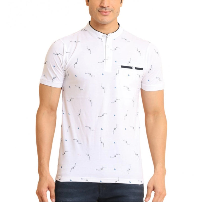 Mayawye Men's Casual Cotton Printed Mandarin Collar Half Sleeve T-Shirt (White)