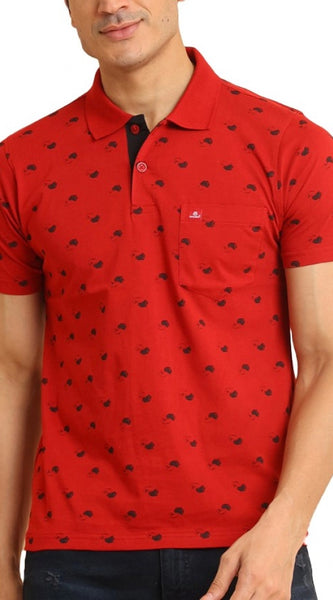Mayawye Men's Casual Cotton Printed Polo Neck Half Sleeve T-Shirt (Red)