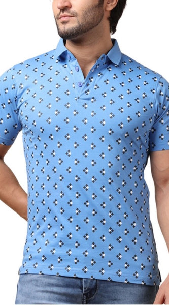 Mayawye Men's Casual Cotton Printed Polo Neck Half Sleeve T-Shirt (Blue)