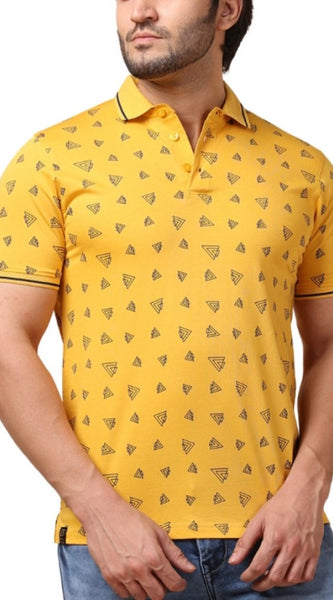 Mayawye Men's Casual Cotton Printed Polo Neck Half Sleeve T-Shirt (Mustard)