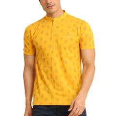 Mayawye Men's Casual Cotton Printed Mandarin Collar Half Sleeve T-Shirt (Mustard)