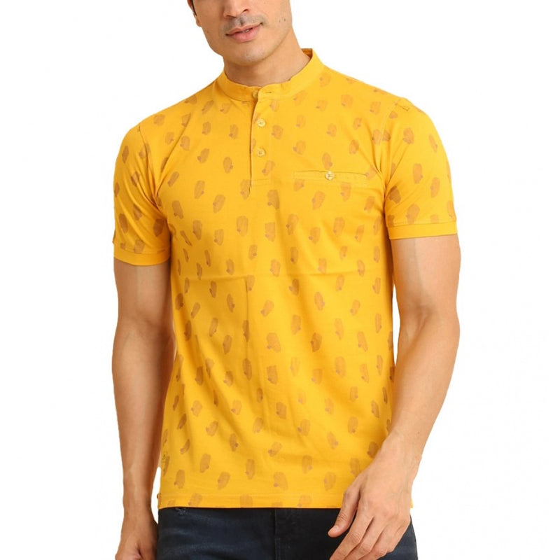 Mayawye Men's Casual Cotton Printed Mandarin Collar Half Sleeve T-Shirt (Mustard)