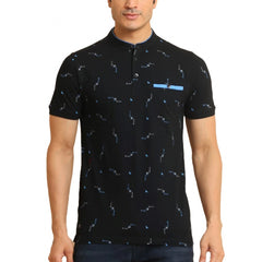 Mayawye Men's Casual Cotton Printed Mandarin Collar Half Sleeve T-Shirt (Navy)