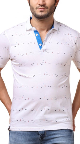Mayawye Men's Casual Cotton Printed Polo Neck Half Sleeve T-Shirt (White)