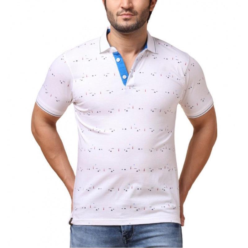 Mayawye Men's Casual Cotton Printed Polo Neck Half Sleeve T-Shirt (White)