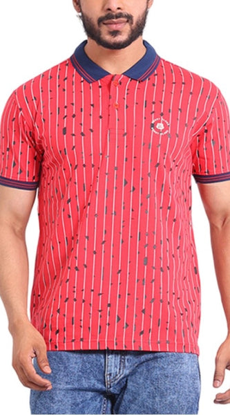 Mayawye Men's Casual Cotton Printed Polo Neck Half Sleeve T-Shirt (Red)
