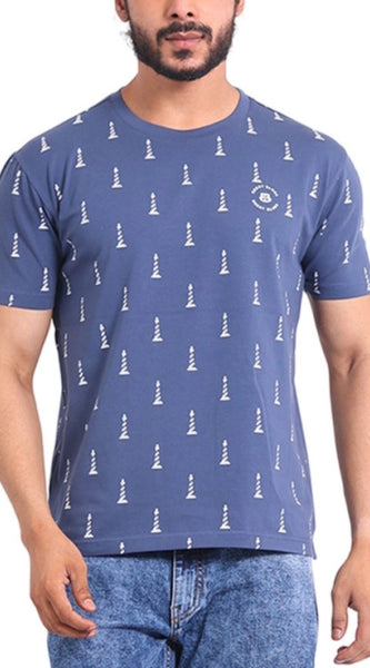 Mayawye Men's Casual Cotton Printed Round Neck Half Sleeve T-Shirt (Blue)
