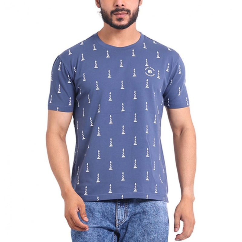 Mayawye Men's Casual Cotton Printed Round Neck Half Sleeve T-Shirt (Blue)