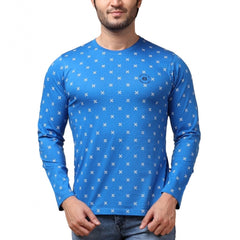 Mayawye Men's Casual Cotton Printed Round Neck Full Sleeve T-Shirt (Blue)