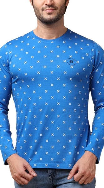 Mayawye Men's Casual Cotton Printed Round Neck Full Sleeve T-Shirt (Blue)