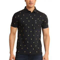 Mayawye Men's Casual Cotton Printed Polo Neck Half Sleeve T-Shirt (Black)
