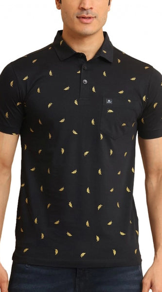 Mayawye Men's Casual Cotton Printed Polo Neck Half Sleeve T-Shirt (Black)